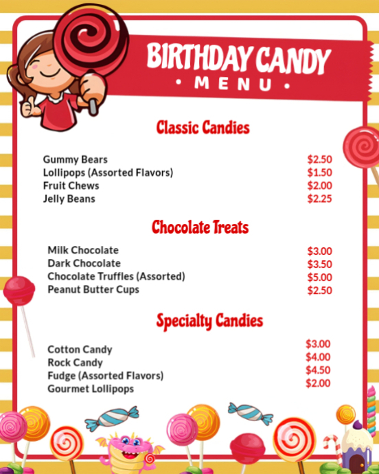 Plantilla de Birthday Candy Menu Template – Kids Party Candy Bar with ...