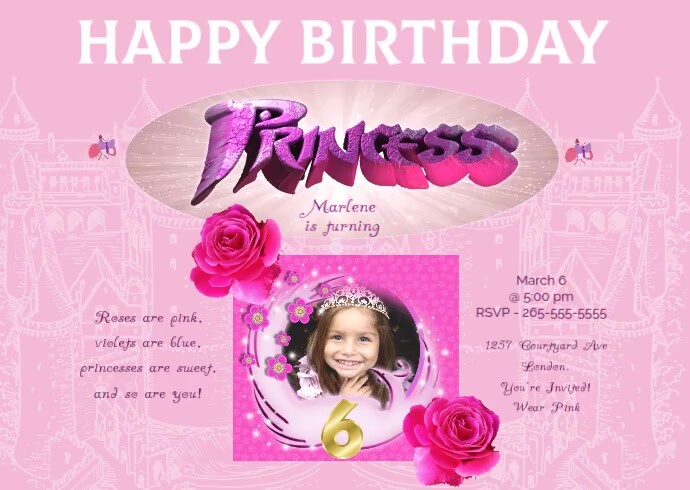 birthday invitation, girl, princess party, cumpleaños, tea party Pocztówka template