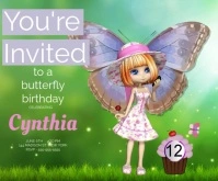 birthday invitation, party, girl, butterfly, spring event Medium Rectangle template