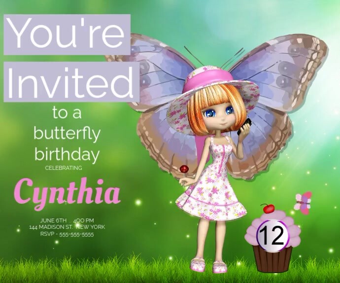 birthday invitation, party, girl, butterfly, spring event Rettangolo medio template