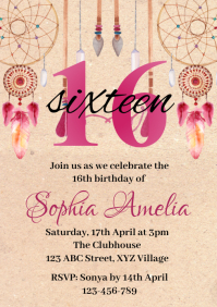 Marron Sweet 16 Birthday Invitation A4 Template