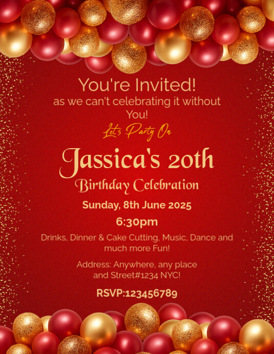 Birthday Invitation Flyer, Red Birthday Party Celebration Template