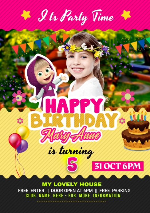 birthday kids party flyer A5 template