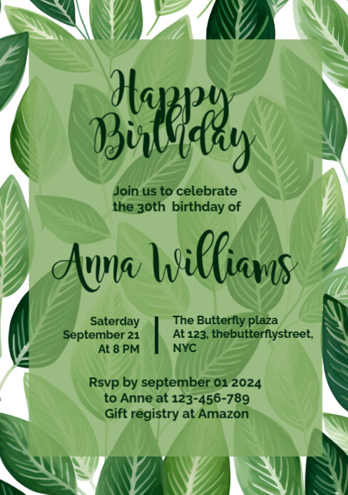 Birthday leafy green invitations A5 template