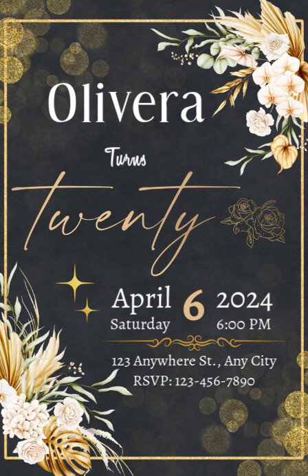 Birthday Party Invitation Black & Gold Floral Szeroki pół strony template