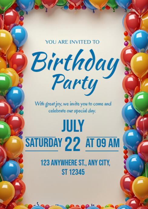 Birthday Party invitation Card Template 2025 A4