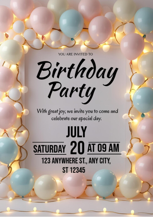 Birthday Party invitation Card Template 2025 A4