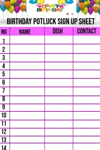 Birthday potluck sign up sheet design Pinterest Graphic template