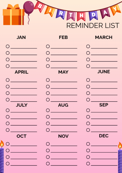 Modèle Birthday Reminder List Template Free Download | PosterMyWall