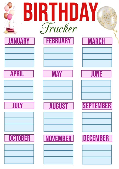 birthday tracker printable, birthday calander A4 template