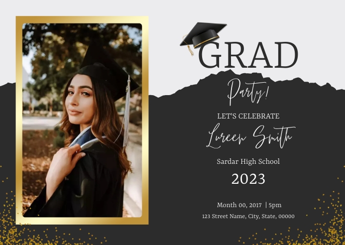 Bla and Gold Graduation Announcement Card Poskaart template