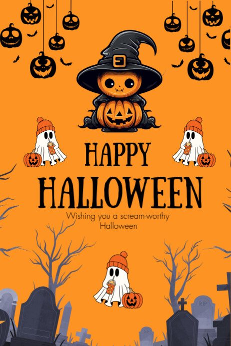 Black & Orange Illustrative Happy Halloween Poster Template | PosterMyWall