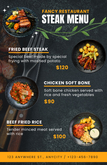 Menu Cooked Black & Orange List-based Steak Menu Tabloid Template | PosterMyWall