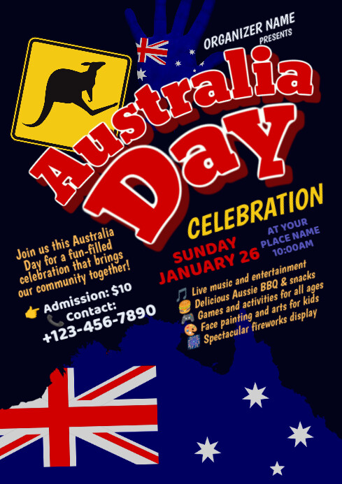 Black & Blue Joyful Australia Day Party A4 Flyer template