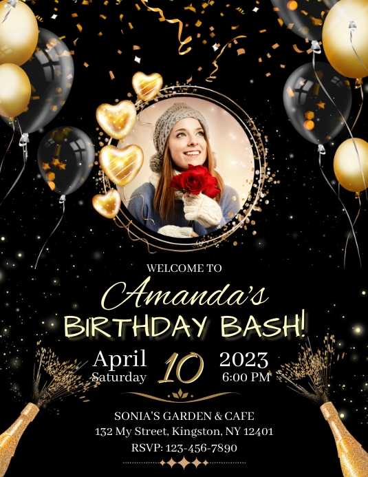 Black & Gold Birthday Invitation Flyer (US Letter) template