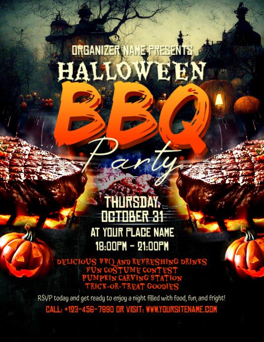 Black & Orange Maximalist Halloween Bbq Party  Flyer (us Letter) template