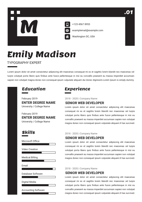 Black & White Bold Minimal Resume CV A4 template