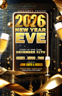 Black 3d 2026 New Year Eve Party Flyer With Gold Luxury Celebration Design Tabloid template
