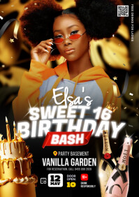 Black Sweet 16 Birthday Bash A4 Template