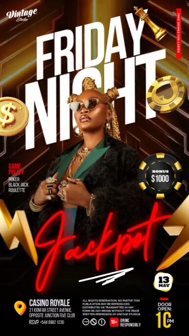 Black 3d Friday Night Casino Flyer for Instagram Story template