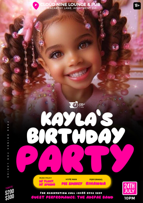 Black 3d Princess Happy Birthday Child's Party Event Flyer A4 template