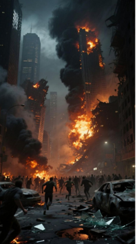 Black Abstract apocalypse Digital Display. City Disaster Explosion Burning Buildings Chaos Scene template