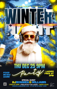 Black Abstract Winter Night Party Flyer With Dj Santa Music And Festive Club Celebration Half Page W Halv side bred template