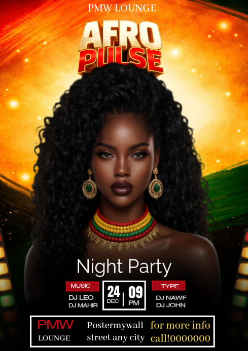 Black Afro Pulse Night Party A4 Template | PosterMyWall