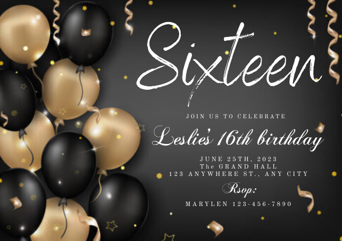 black-and-gold-16th-birthday-invitation-template-postermywall for Free Printable 16th Birthday Invitation Templates Free Black and Gold 16th - Birthday Invitation Template | PosterMyWall for Free Printable 16th Birthday Invitation Templates Free