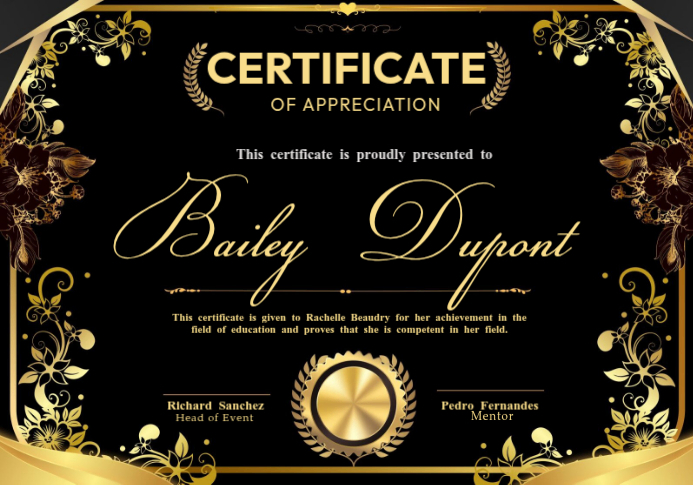 Black and Gold Certificate of Appreciation Template | PosterMyWall