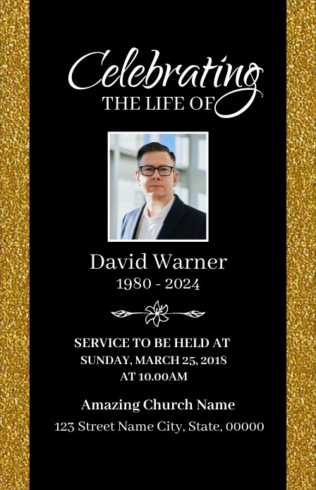 Black and gold Funeral announcement card Template | PosterMyWall Black and gold Funeral announcement card Template | PosterMyWall