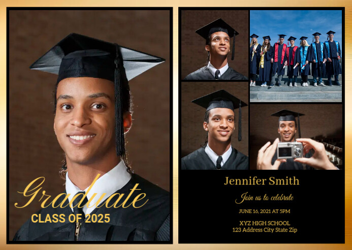 Black and Gold Graduation Announcement Card Postcard template