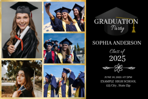 Black and Gold Graduation Announcement Collage Etiket template