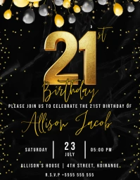 Black and gold Maximalist 21st Birthday Invit Flyer (US Letter) template