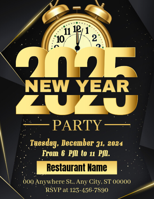 Black and Gold Maximalist New Year Party Invitation Flyer Template ...