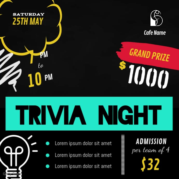 Black and Green Trivia Night Square Video Vierkant (1:1) template