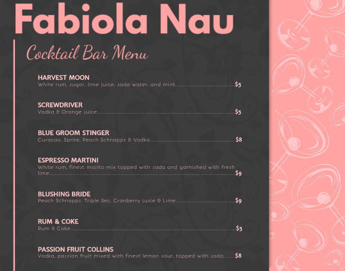 Black and Pink Cocktail Menu Póster/Tablero template