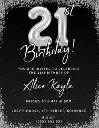 Black and silver Modern 21st Birthday Invitat Flyer (US Letter) template