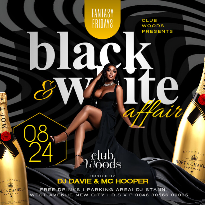 Black and white affair ladies party gold moet event invitation Instagram post flyer template