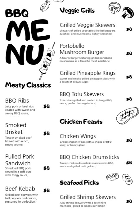 Black and White Doodle Barbeque Food Menu Template (Half page Wide) Halfbladsy Breed