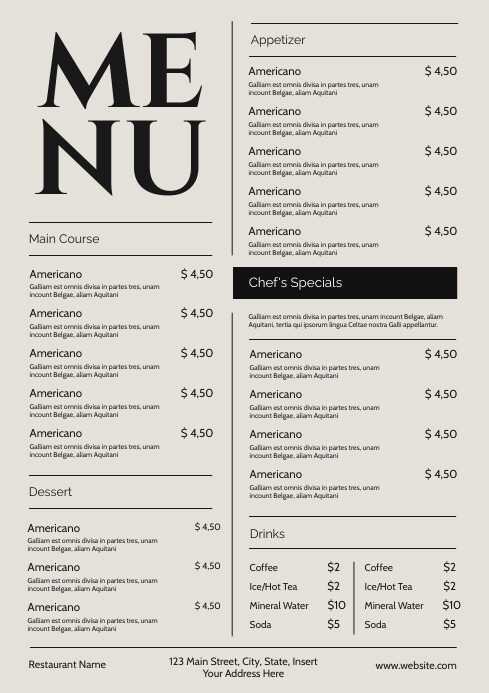 Off White Menu Black And White Menu Template