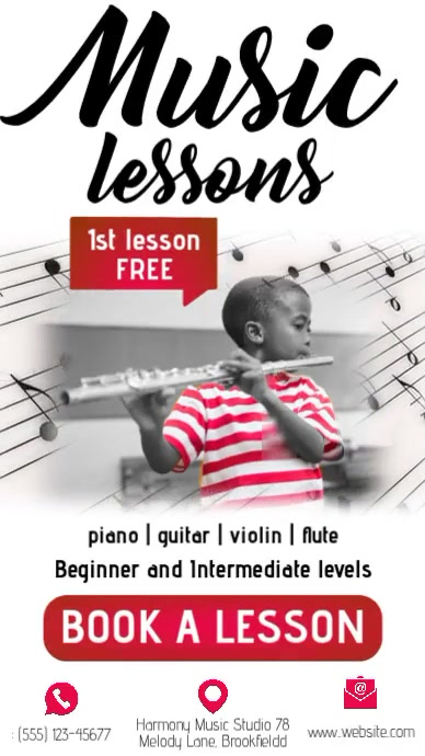 Plantilla de Black and White Music Lessons Ad Flyer Animated | PosterMyWall