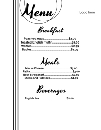 Simple printable black and white menu template | PosterMyWall
