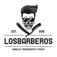 Black and White Urban Skull Barber Logo - Modern Men's Grooming Emblem with Straight Razor template