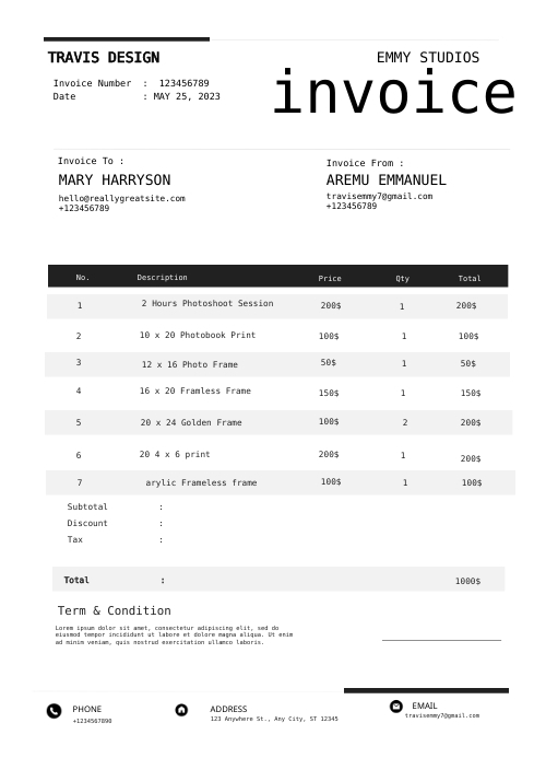 Black Bold Modern Photo Invoice Template | PosterMyWall