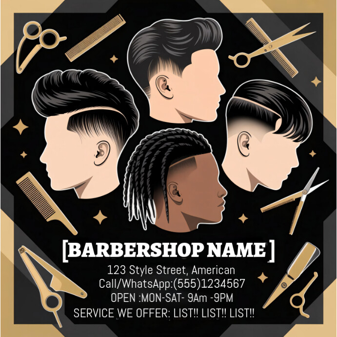 Black Collage Editable Morden Black And Gold Baber Shop Flayer Template Haircut Styles And Contact I Instagram Plasing