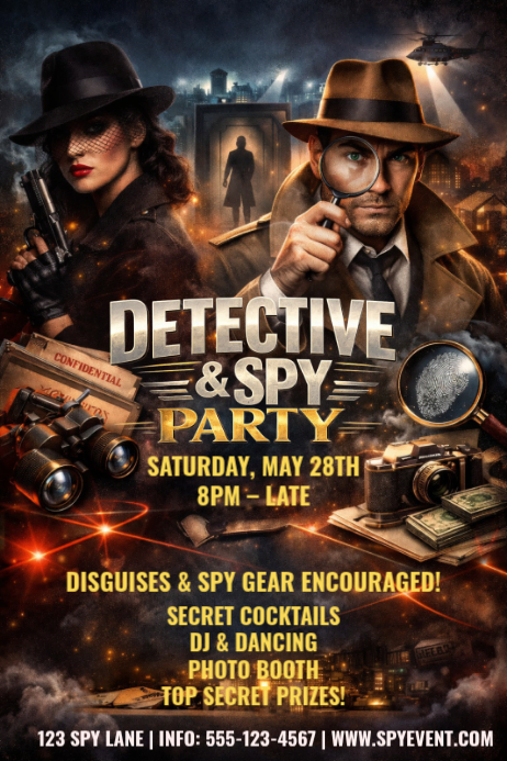 Example Spy Intro Black Detective & Spy Party Poster Template | PosterMyWall