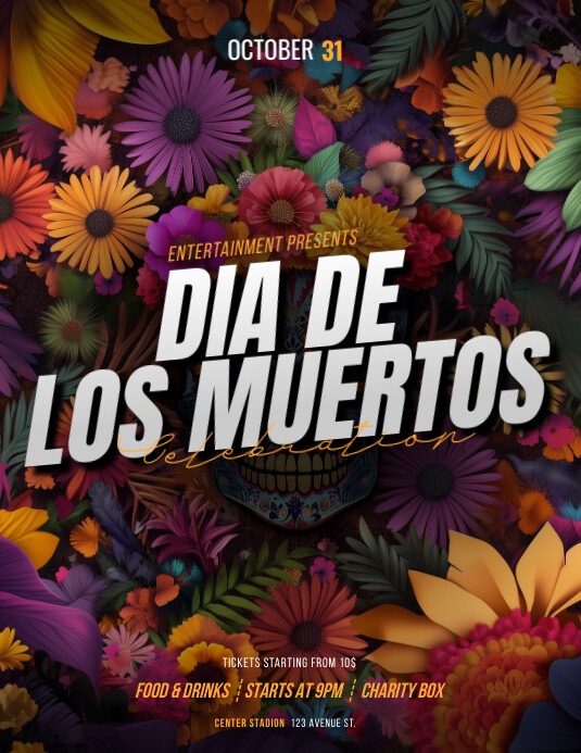 Black Floral 3d Dia De Los Muertos Flyer (us template