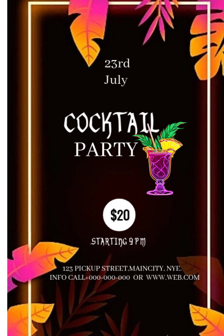 Black Floral Cocktail Party  Poster Плакат template
