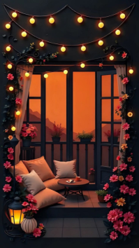 Black Floral Cozy Balcony Decor Digital Display. Cozy Balcony Decor With String Lights and Sunset Vi template